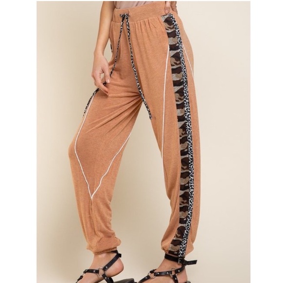💝Boutique~ POL🐆Animal Print Trim Burnt Topaz Joggers - Picture 2 of 7